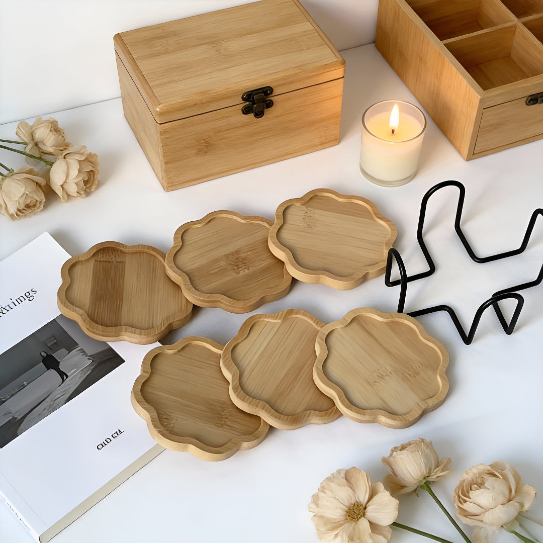Bamboo Flower-Shaped Coasters Set with Holder