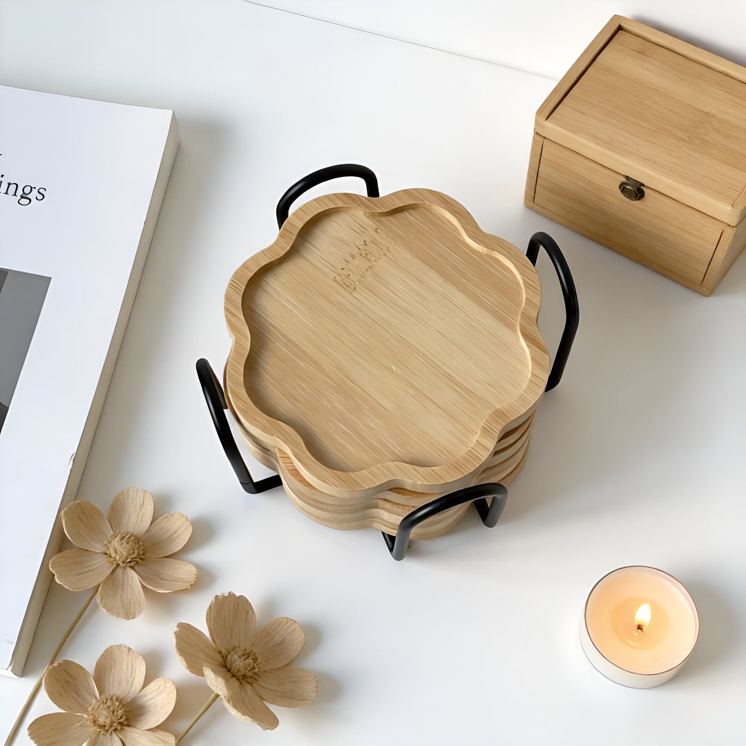 Bamboo Flower-Shaped Coasters Set with Holder
