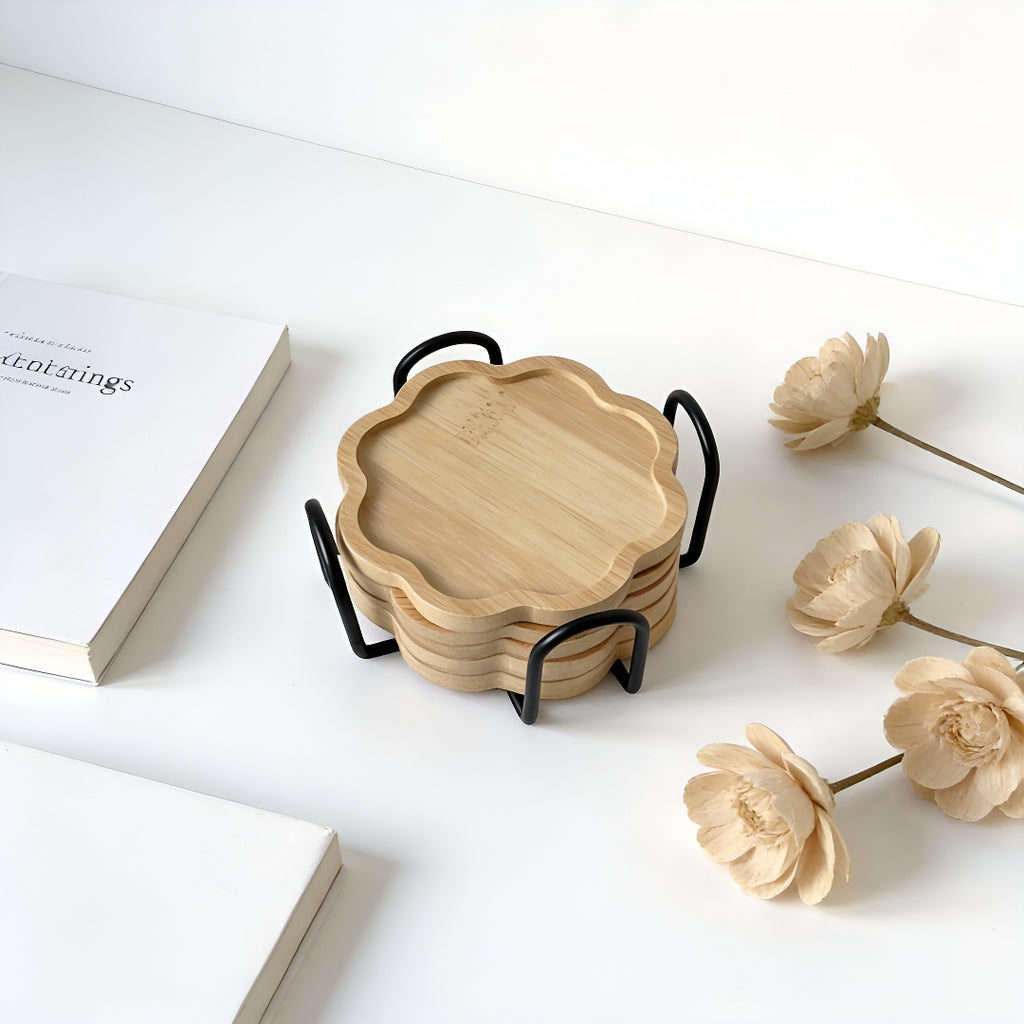 Bamboo Flower-Shaped Coasters Set with Holder